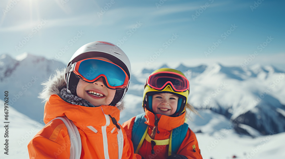 Portrait of a happy, smiling children snowboarder against the backdrop of snow-capped mountains at a ski resort, during the winter holidays. Portrait of a happy, smiling children snowboarder against the backdrop of snow-capped mountains at a ski resort, during the winter holidays.