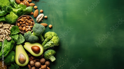 Fresh vegetables, fruits, and nuts, vegetarian vegetables, Colorful vegetables on green background photo
