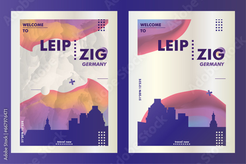 Germany Leipzig city poster pack with abstract skyline, cityscape, landmark and attraction. Saxony travel vector illustration layout set for vertical brochure, website, flyer, presentation
