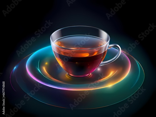 Refreshing and invigorating tea. A cup of tea on a black background. AI-generated image, digital illustration.