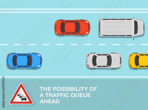 Safe driving tips and traffic regulation rules. The possibility of a traffic queue ahead. Top view of a traffic flow on highway. Flat vector illustration template.