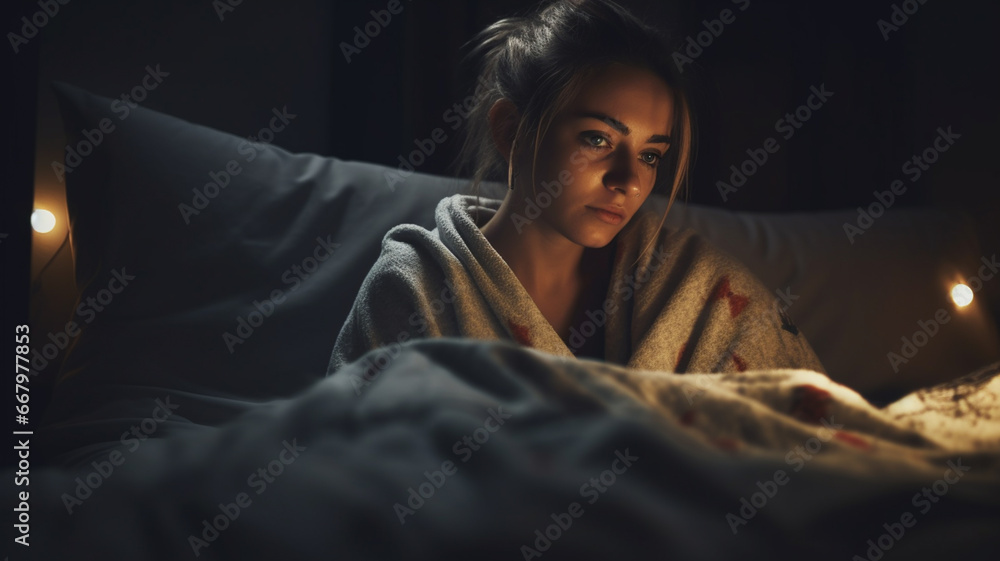 Fototapeta premium Beautiful young woman sleeping cozy in bed with blanket in evening