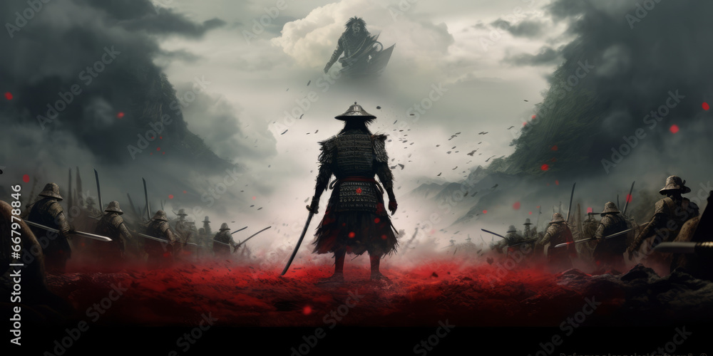 A samurai with a katana stands ready to fight against a huge army