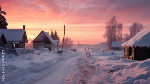 A small cozy, homely house in a village in the distance surrounded by a snow-covered landscape of beautiful nature in the middle of winter in pink sunshine.