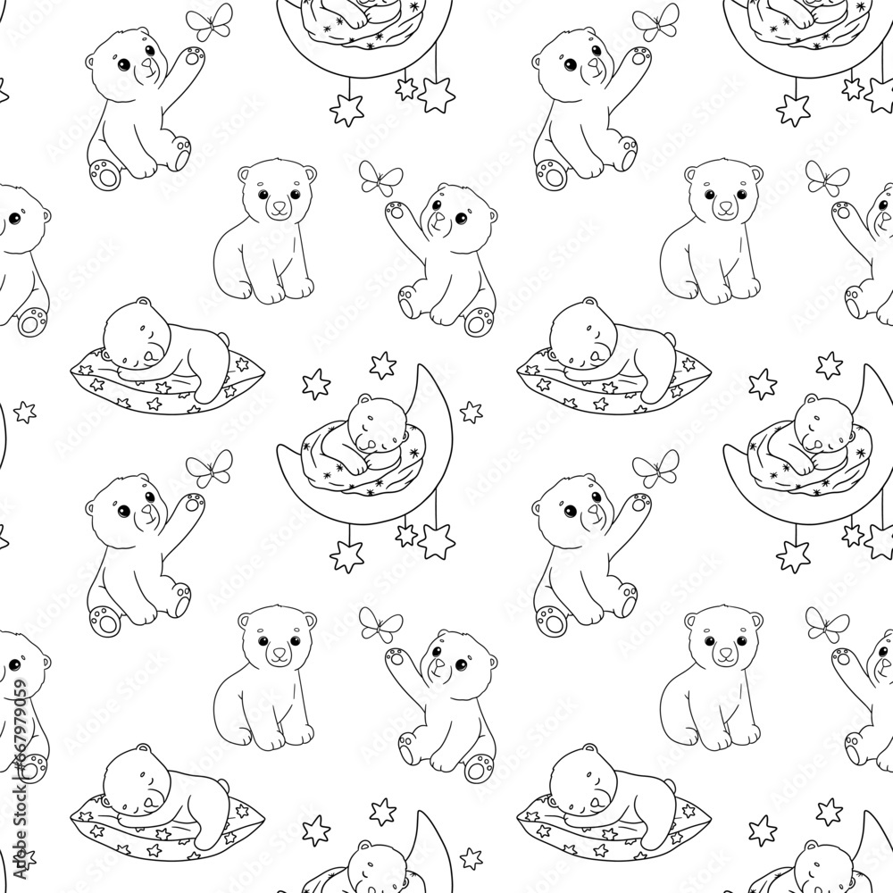 Seamless pattern with cute polar baby bear on ice floe and sleeping. Cartoon hand drawn vector outline illustrations