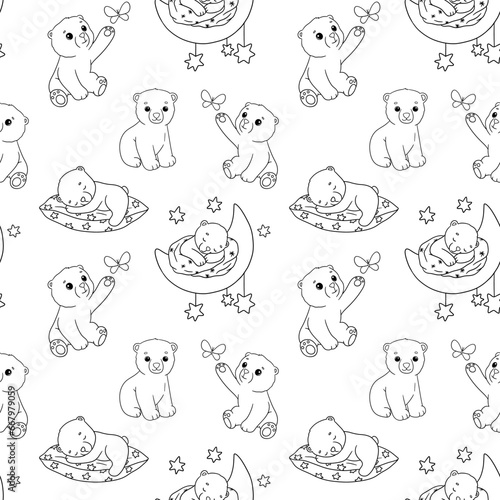 Seamless pattern with cute polar baby bear on ice floe and sleeping. Cartoon hand drawn vector outline illustrations