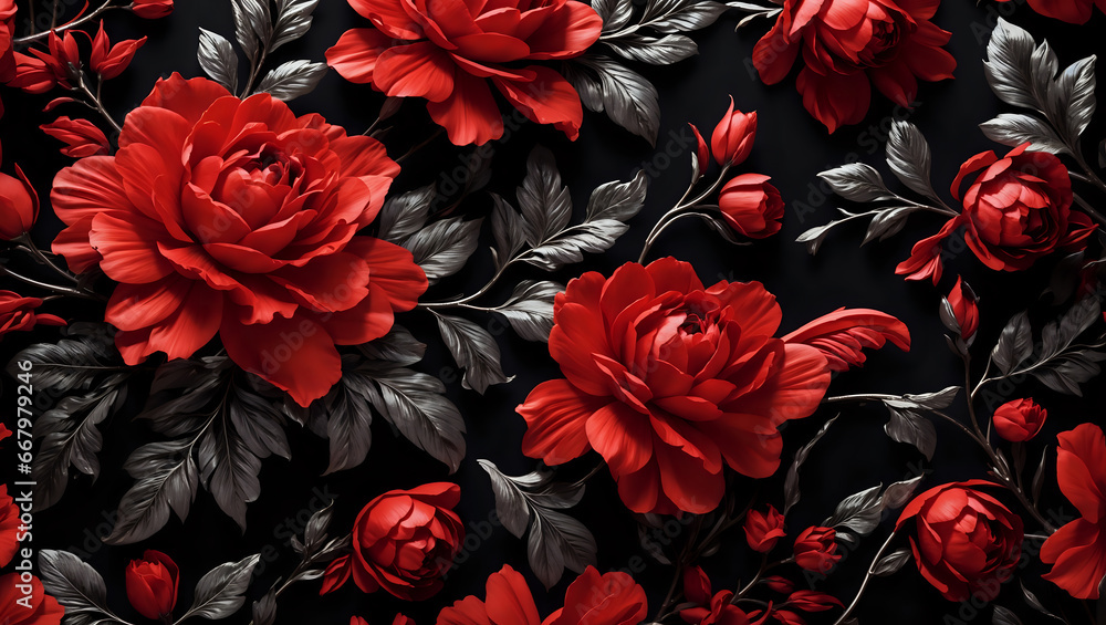 Luxury red floral seamless pattern with black background generative ai Luxury red floral seamless pattern with black background generative ai