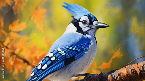 A close-up of a blue jay, its striking blue and white plumage detailed and crisp.