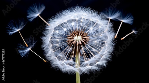 A close-up of a dandelion, its seeds ready to be blown away by the wind.