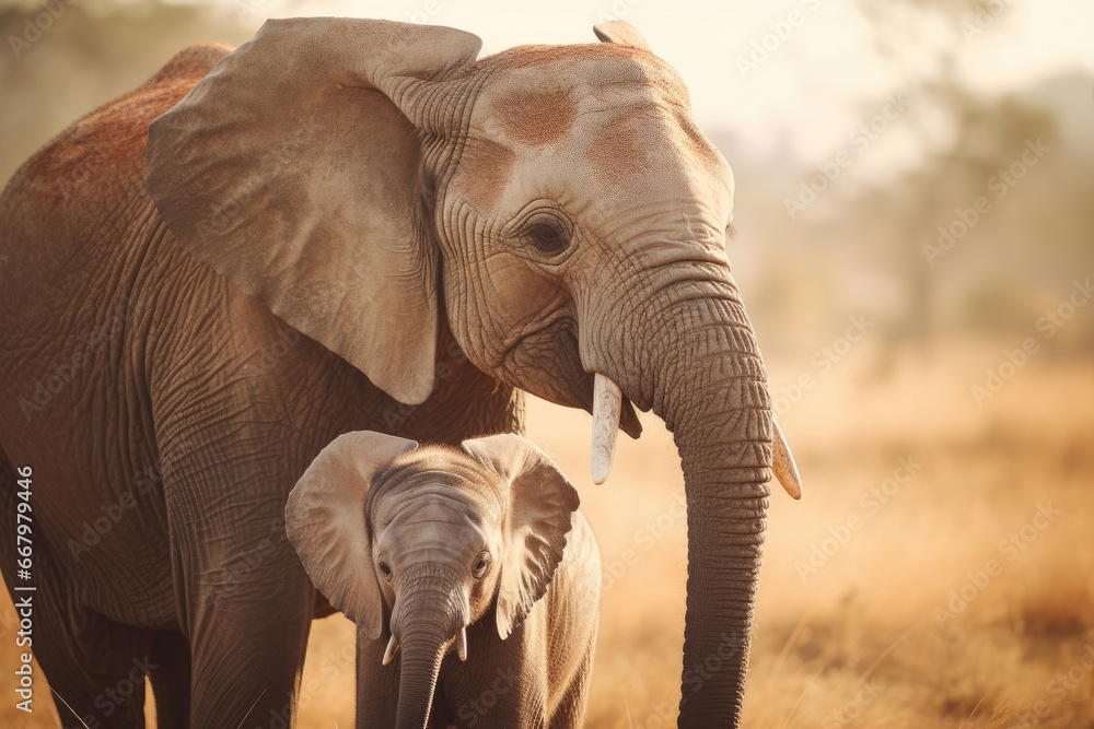 Adult and young elephants standing in the national park
