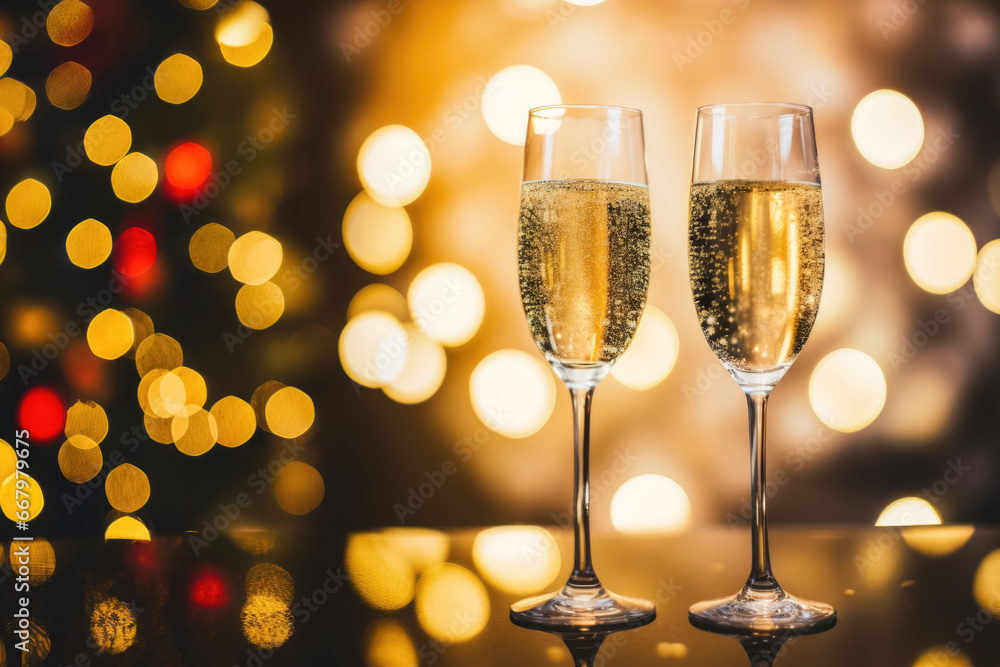 two glasses of champagne over a party blurred background two glasses of champagne over a party blurred background