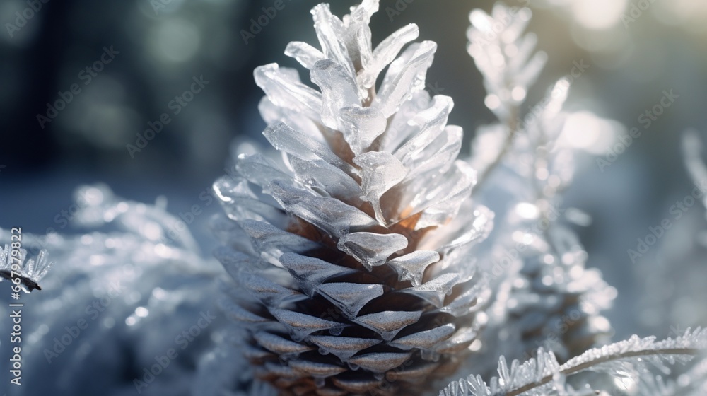 A close-up of a snow-covered pinecone, crystals of ice shimmering in the light.