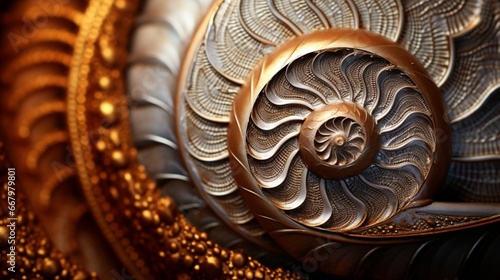 A close-up of a snail's shell, the intricate patterns and textures captured in detail.