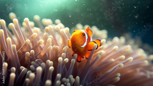 a clown fish swimming in a sea anemone.