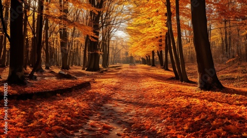 A colorful autumn forest, the ground blanketed in fallen leaves of red, orange, and gold.