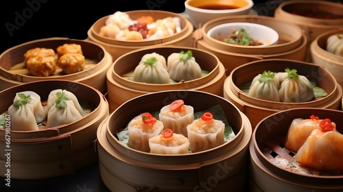 A variety of dim sum in bamboo steam containers
