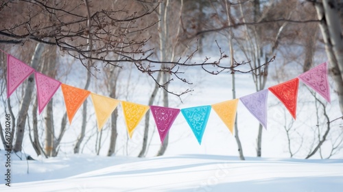 A colorful bunting, its vibrant hues standing out against a snowy backdrop. © baloch