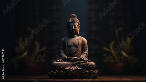 Buddha statue on dark background. Buddha statue in meditation. © Yerjung