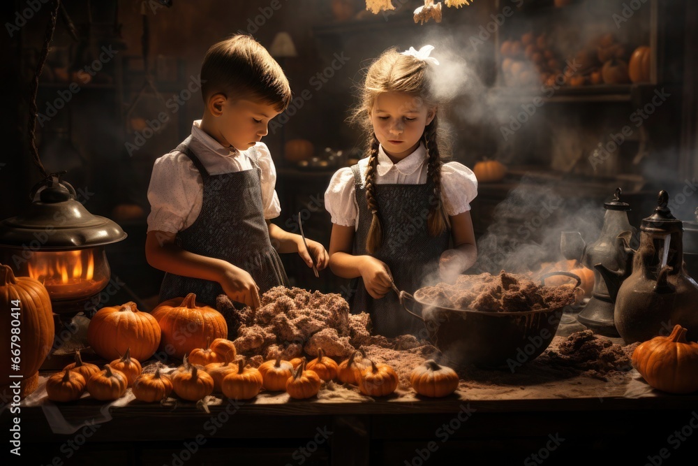 Two children stand behind a table, ready to cast a spell. There are many pumpkins around, and smoke rises from a plate Two children stand behind a table, ready to cast a spell. There are many pumpkins around, and smoke rises from a plate