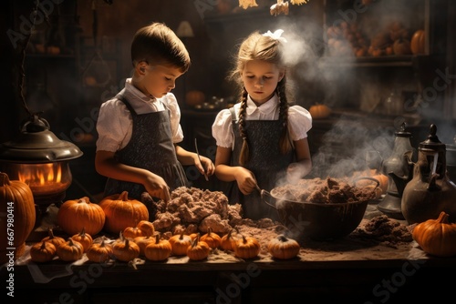 Two children stand behind a table, ready to cast a spell. There are many pumpkins around, and smoke rises from a plate