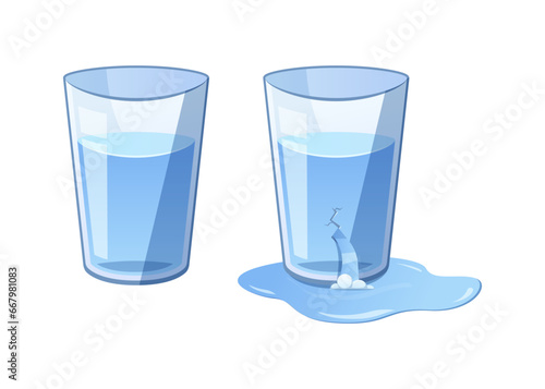 Glass of water vector. The glass broke and spilled water.