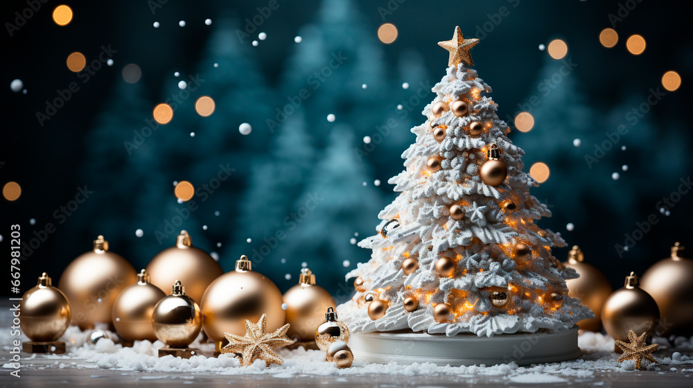Cute Christmas postcard, with a white snowy tree, with golden decoration and golden spheres, in a snowy space, with a lot of cold white snow, generative AI
