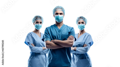 Asian Surgeons team, uniform, arms crossed, isolated on transparent background