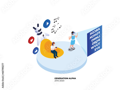 generation alpha children with toys vr alphabet musical notes and media pictograms isometric 3d vector illustration concept