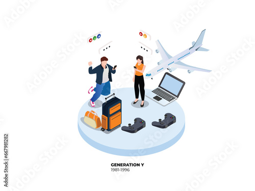 generation y concept people with team and people isometric 3d vector illustration concept