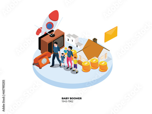 Generation baby boomers composition with characters of family members isometric 3d vector illustration concept