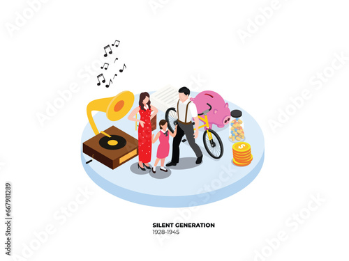 Generation silent - family members with vintage typewriter bicycle gramophone newspaper isometric 3d vector illustration concept