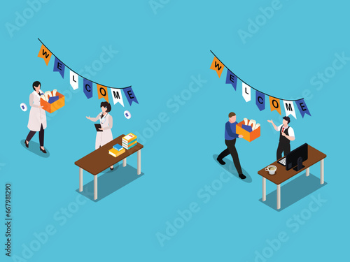 Welcome party concept. Men and women greet newcomer, member. Friendly team, colleagues and partners isometric 3d vector illustration concept