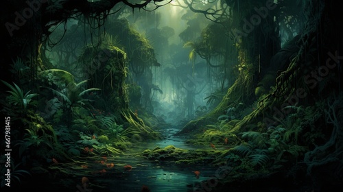 A deep and dense jungle  mysterious and teeming with life  awaiting exploration.
