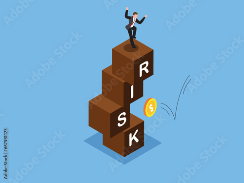 Risk management, businessman investor stand on stack of risk boxes isometric 3d vector illustration concept