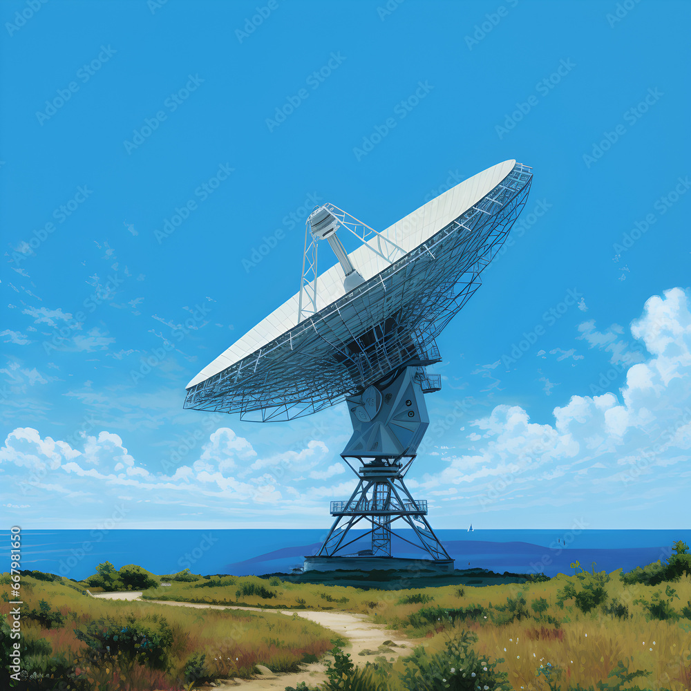 A satellite dish with a blue sky background