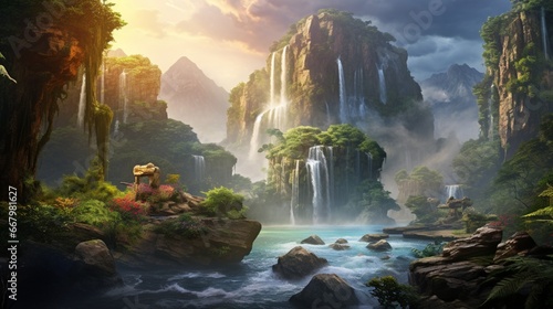 A dramatic, cascading waterfall in a secluded jungle, with a rainbow forming in its mist.