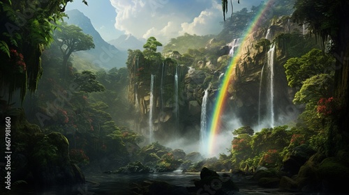 A dramatic, cascading waterfall in a secluded jungle, with a rainbow forming in its mist.