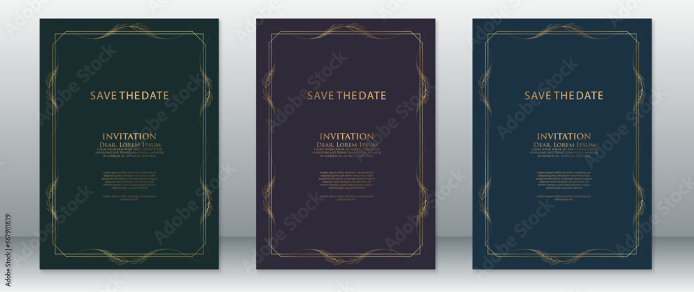 Luxury wedding invitation card template vintage design elegant background with golden leaf frame 
