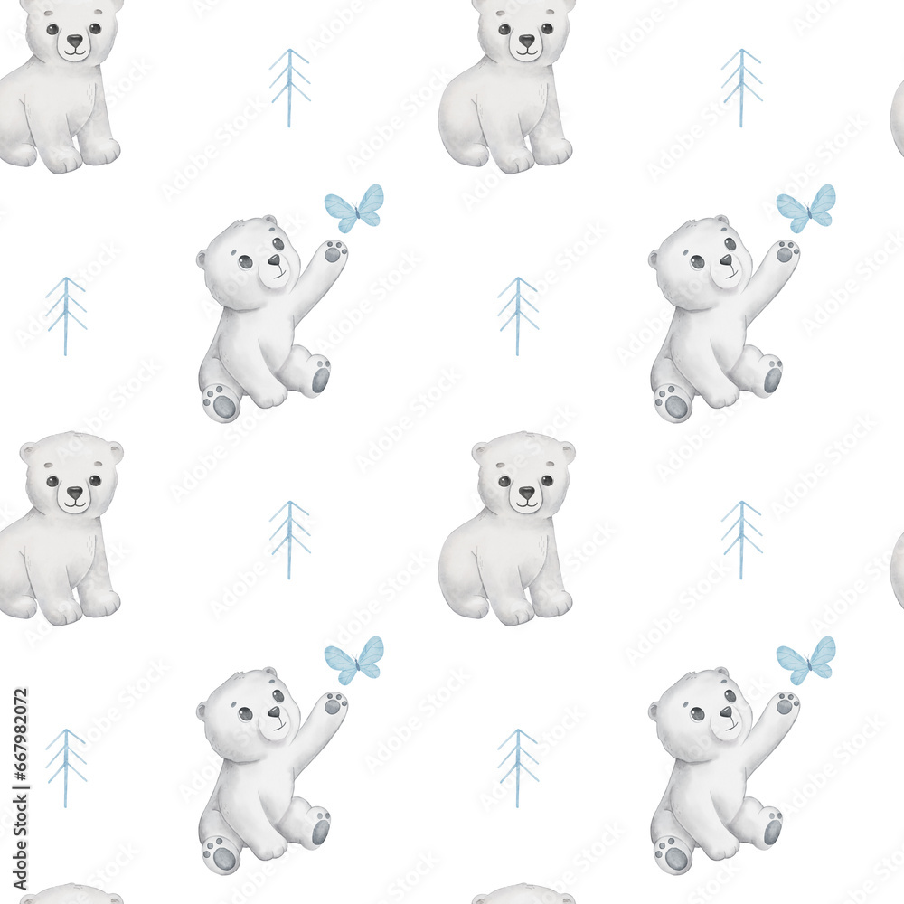 Obraz premium Seamless pattern with cute polar baby bear and butterfly. Watercolor cartoon hand drawn childish pattern for kids or newborn. Funny little animal on white background