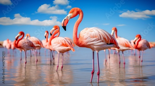 A flock of flamingos standing in shallow waters, their pink hues contrasting the blue sky.