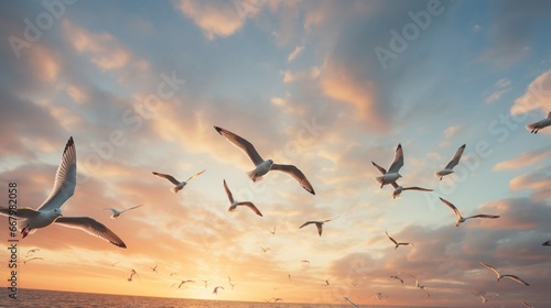 A flock of seagulls in mid-flight against a backdrop of a cloud-streaked sky. photo