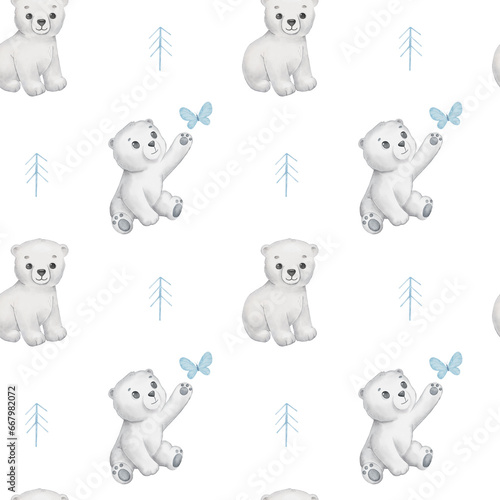 Seamless pattern with cute polar baby bear and butterfly. Watercolor cartoon hand drawn childish pattern for kids or newborn. Funny little animal on white background © Elena