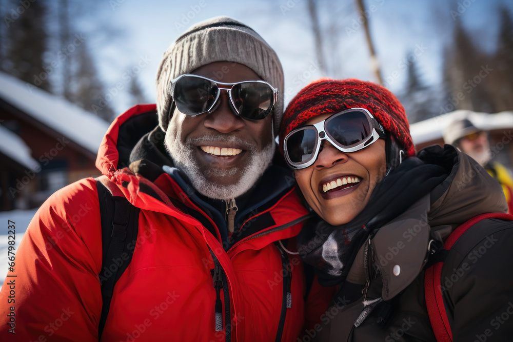 In their vibrant red clothing and knitted hats, an elderly African American couple takes full advantage of the sunny weather on a snowy slope.