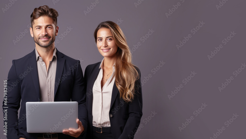 Multiracial pair of businesspeople holding laptop computer Multiracial pair of businesspeople holding laptop computer