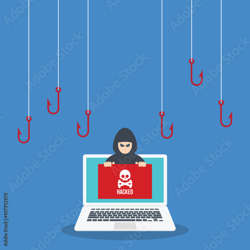 Hacker attack. Hackers and cybercriminals phishing, identity theft, user login, password, documents, email and credit card. Hacking and web security. Internet phishing concept. Vector illustration