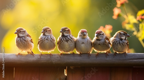 A group of sparrows gathered on a rustic wooden fence, socializing in the sun.