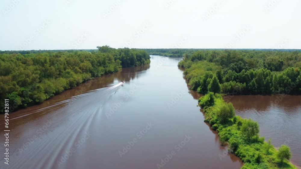 Aerial Panning Shot Of Boat With Wake On River Amidst Trees And Plants Against Sky - Bayou, Louisiana Aerial Panning Shot Of Boat With Wake On River Amidst Trees And Plants Against Sky - Bayou, Louisiana