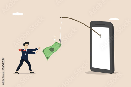Phone with scam bait luring money from phishing websites, banking fraud, online crime phishing bait sites, thieves steal money from online banking apps.