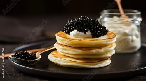Black sturgeon caviar on small pancakes blinis with sour cream and a glass jar with caviar on a slate photo