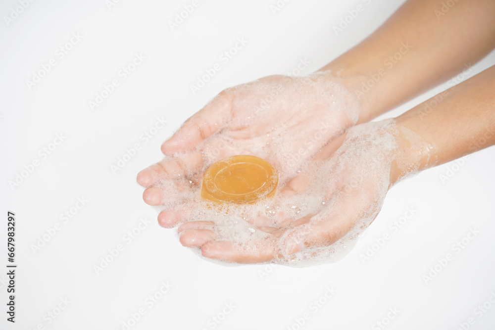 Fototapeta premium Hand wash with soap isolated on white background